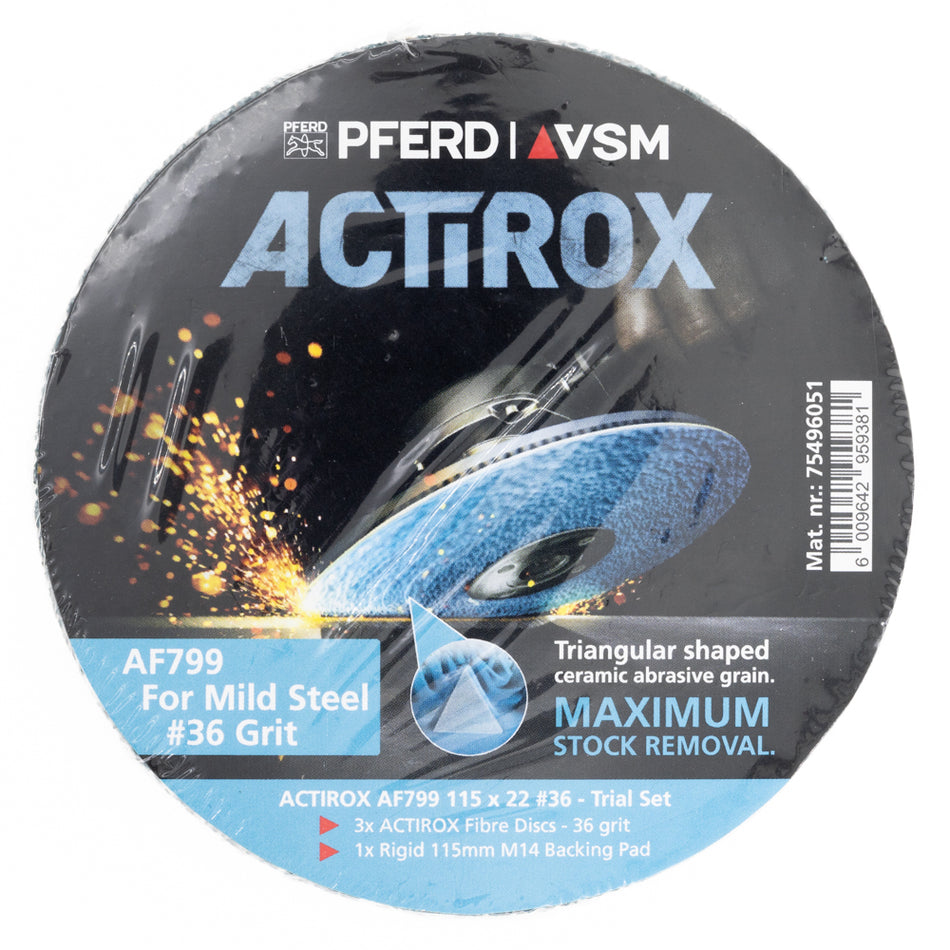115mm ACTIROX Grit 36 - 3 Fibre Discs & Backing Pad Combo - MILD STEEL