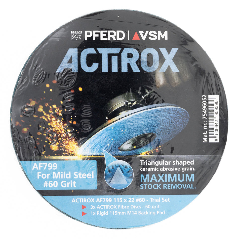 115mm ACTIROX Grit 60 - 3 Fibre Discs & Backing Pad Combo - MILD STEEL