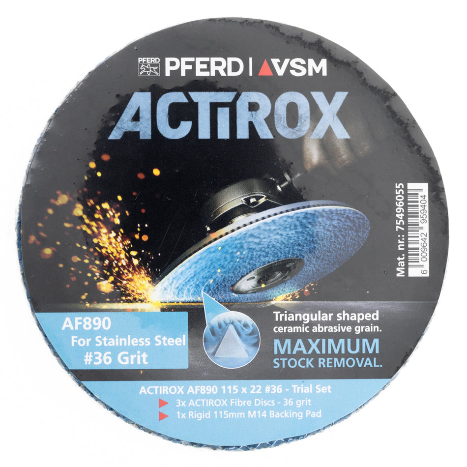 115mm ACTIROX Grit 36 - 3 Fibre Discs & Backing Pad Combo - STAINLESS STEEL