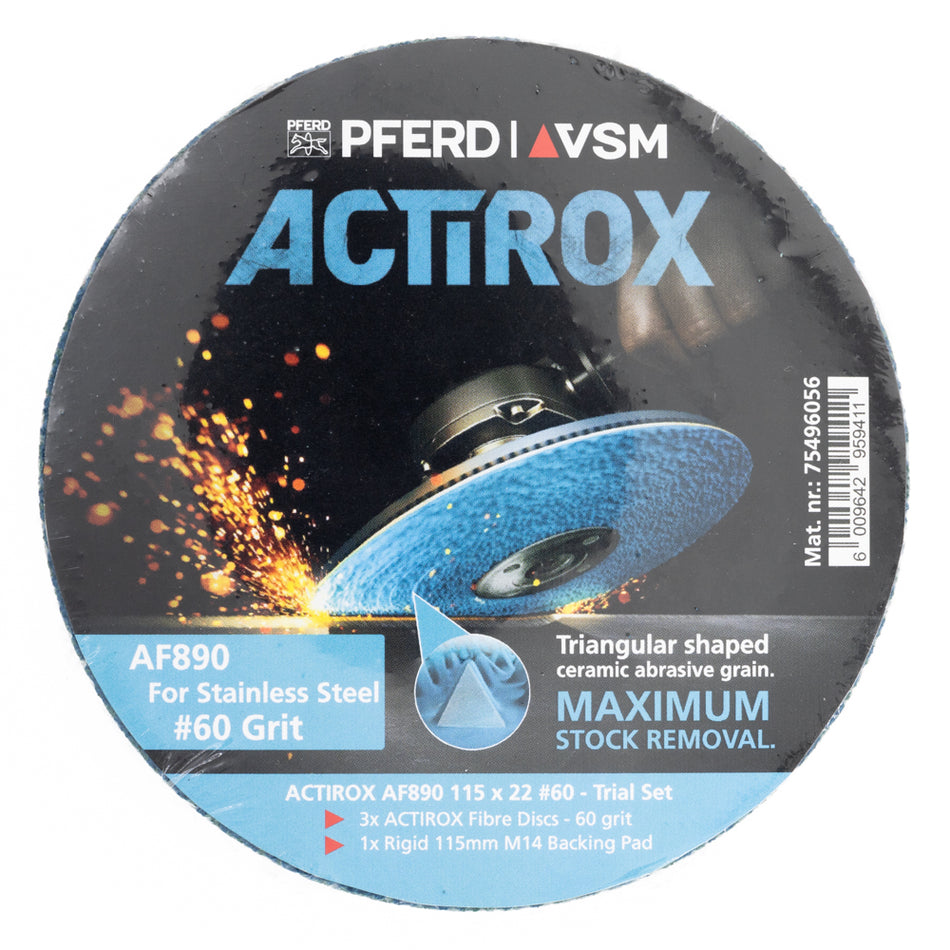 115mm ACTIROX Grit 60 - 3 Fibre Discs & Backing Pad Combo - STAINLESS STEEL