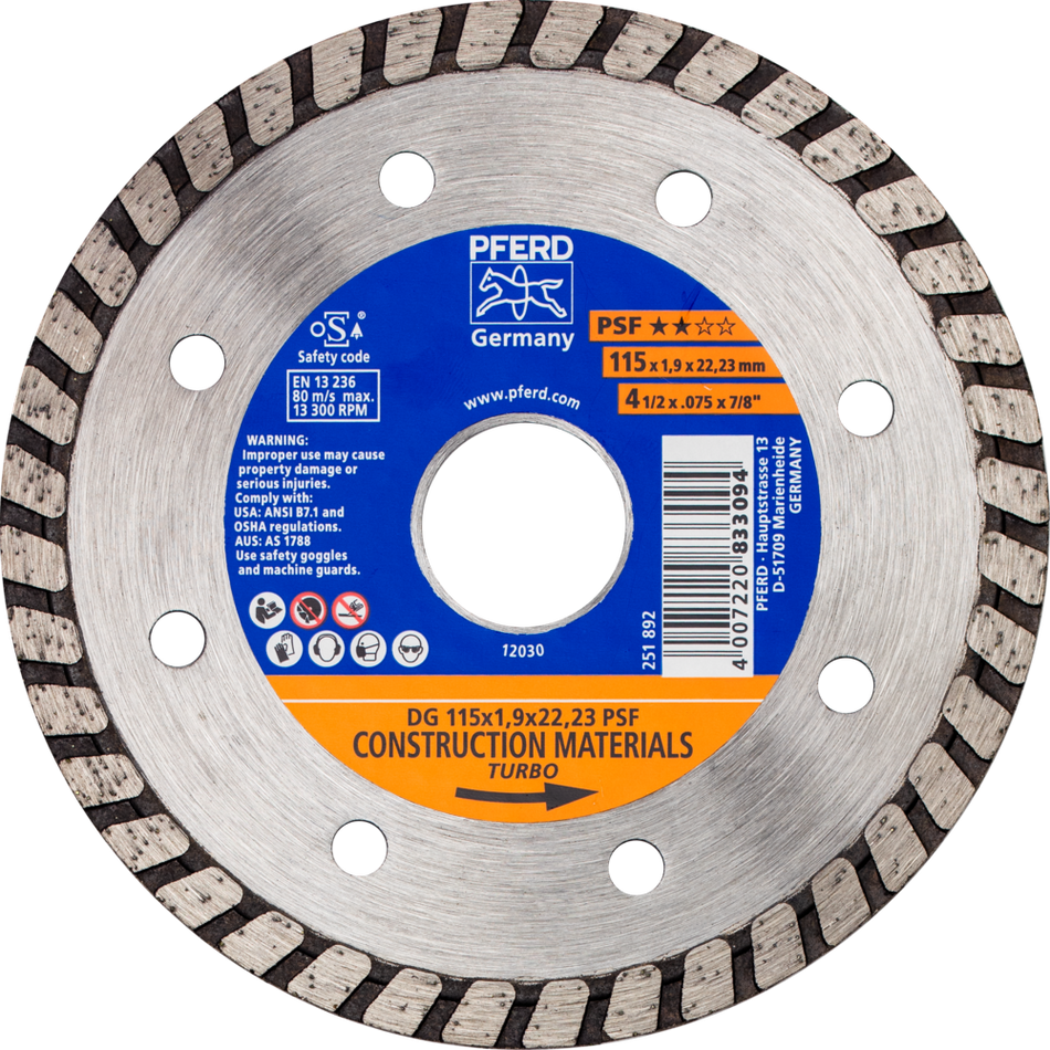 PFERD 115mm Diamond cut-off wheel with continuous rim (TURBO) PSF