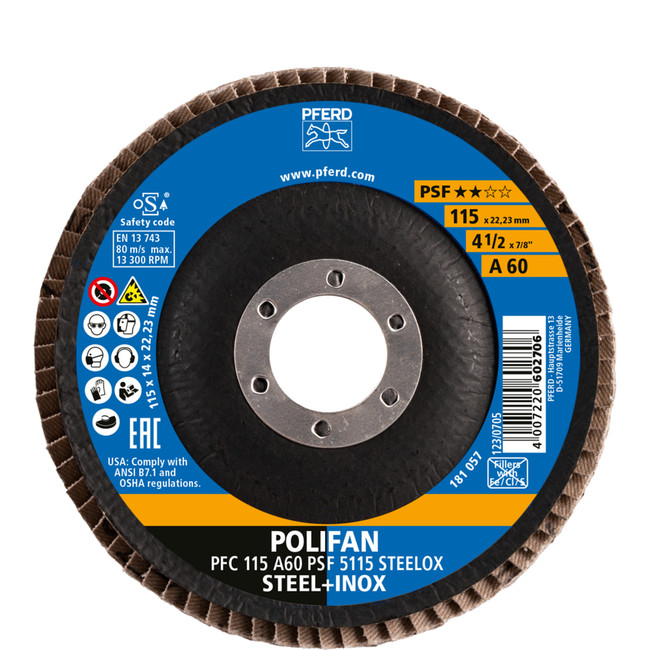 PFERD POLIFAN Flap Disc PSF STEELOX 115mm Grit 60