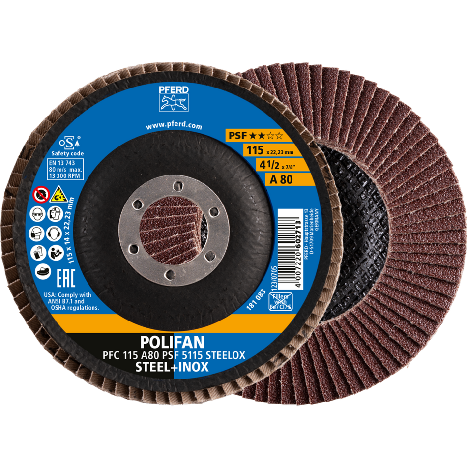 PFERD POLIFAN Flap Disc PSF STEELOX 115mm Grit 80