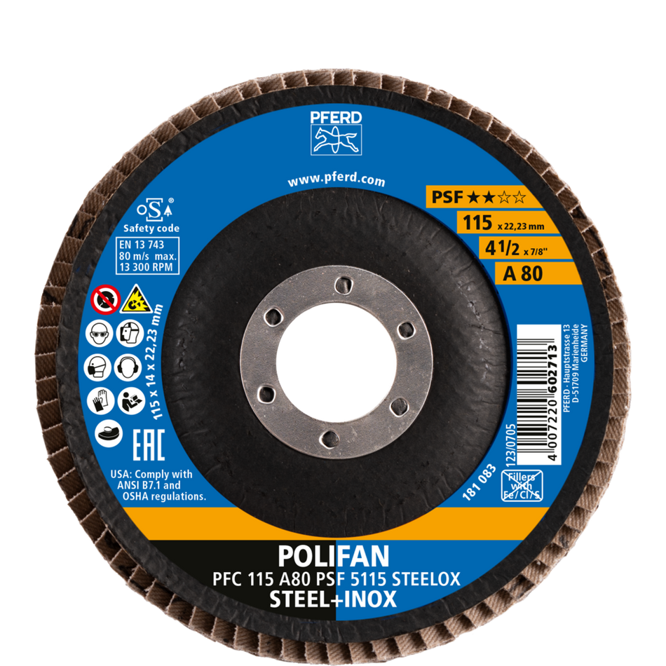 PFERD POLIFAN Flap Disc PSF STEELOX 115mm Grit 80