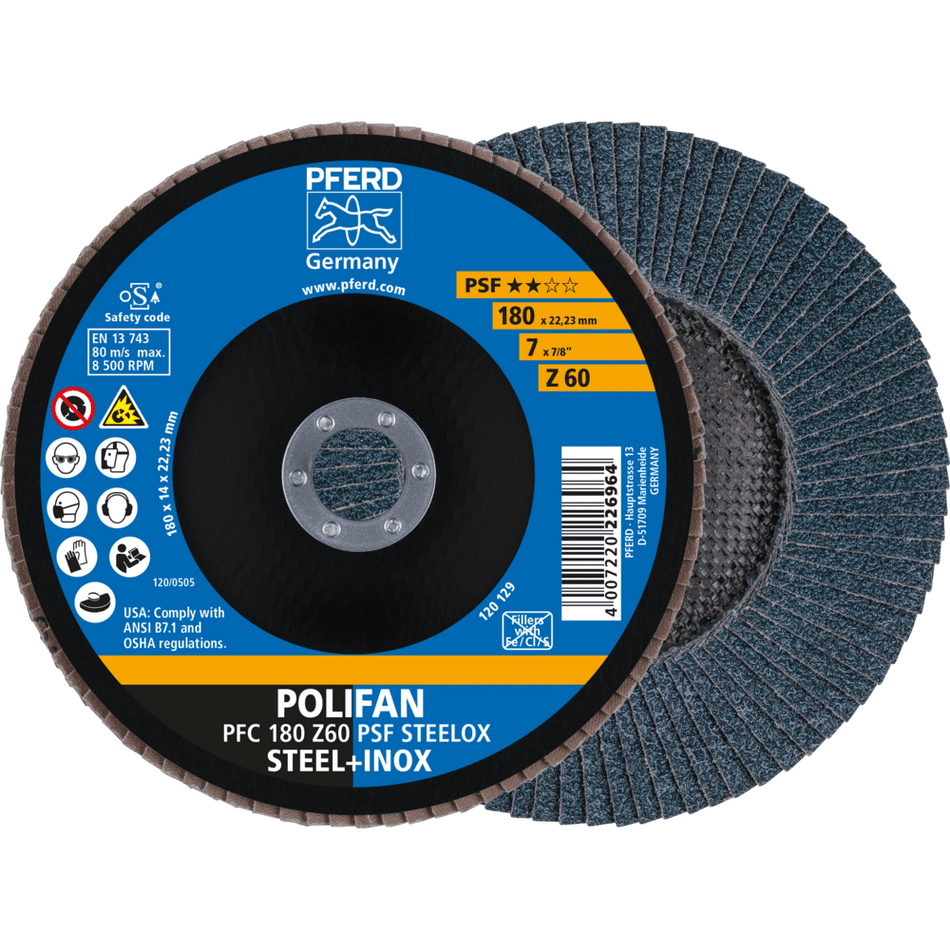 PFERD POLIFAN Flap Disc PSF STEELOX 180mm Grit 60